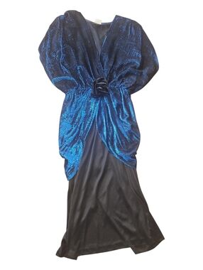Vintage Blue and Black Metallic Evening Dress with Draped Bodice Size 7/8